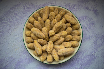 High angle view of bread in plate on table