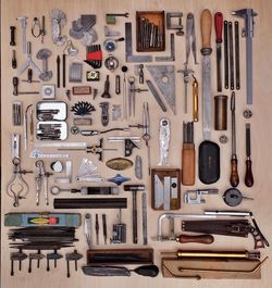 Directly above shot of work tools on table