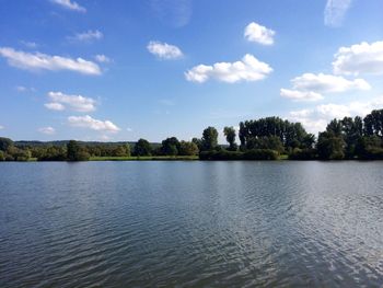 Scenic view of lake against cloudy sky