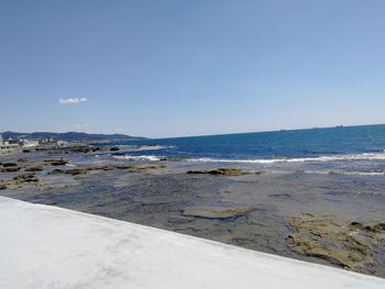 Scenic view of sea against clear blue sky