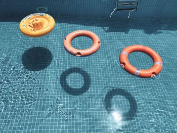 High angle view of various floating on swimming pool