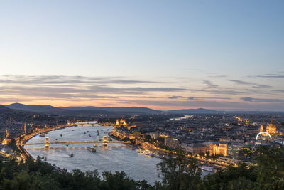 A panoramic view of the danube river in budapest at sunset