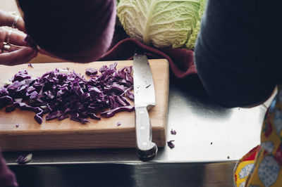 Chopped red cabbage on cutting board