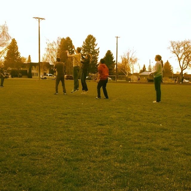 tree, clear sky, lifestyles, grass, leisure activity, men, full length, person, park - man made space, walking, rear view, field, togetherness, casual clothing, playing, green color, standing