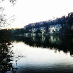 Scenic view of lake against sky at sunset