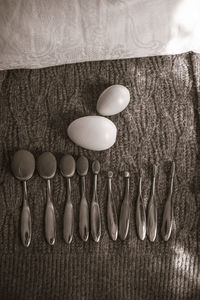 High angle view of objects on table