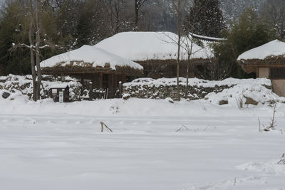 Houses on snow covered mountain