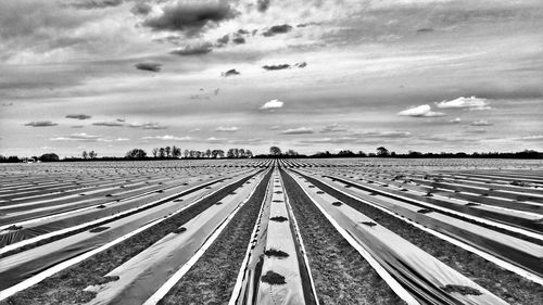 High angle view of railroad tracks on field against sky