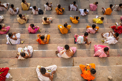 High angle view of people on street