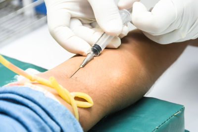 Close-up of hand holding syringe