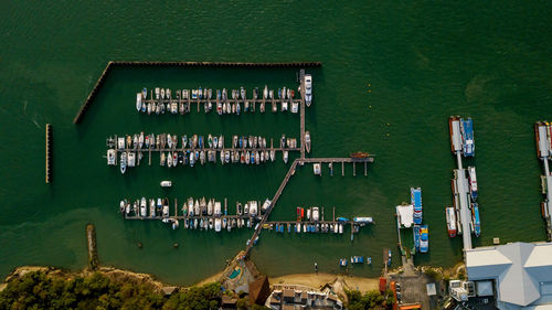 High angle view of boats at harbor