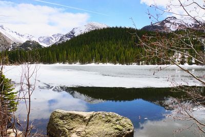 Scenic view of lake by snowcapped mountains against sky