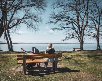 Rear view of man sitting on bench in park