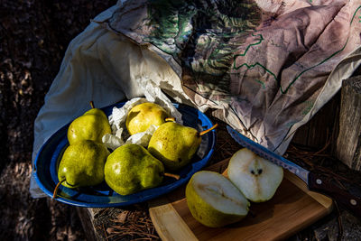 High angle view of fruits and leaves in basket on table