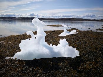 Snow covered land by lake against sky