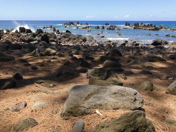 Rocks on beach against sky