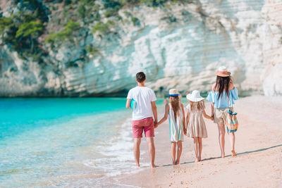 Rear view of women walking on beach