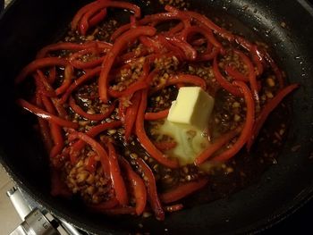 High angle view of chopped vegetables in bowl