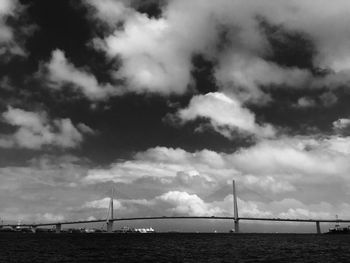 Bridge over river against cloudy sky