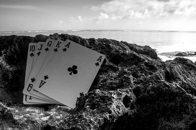 Information sign on rock by sea against sky