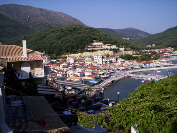 High angle view of houses in town