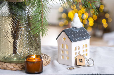 Close-up of christmas decorations on table