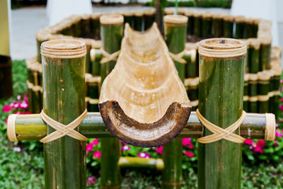 Close-up of candles on wooden fence