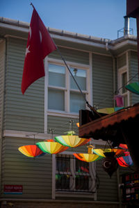 Low angle view of flags hanging on building