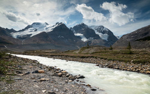 Scenic view of snowcapped mountains against sky