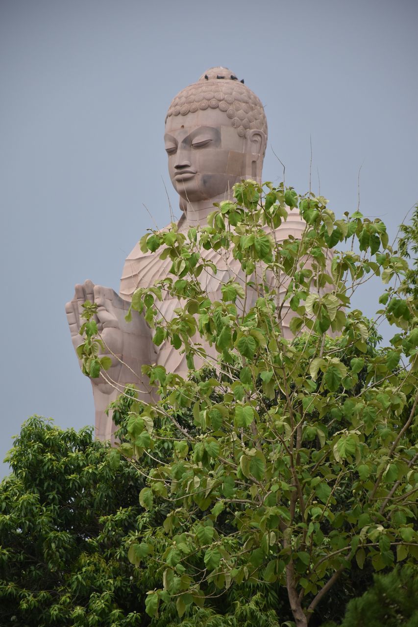 LOW ANGLE VIEW OF STATUE AGAINST PLANTS AGAINST CLEAR SKY