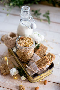 Close-up of breakfast served on table