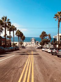 Road by palm trees against sky