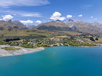 Aerial view of glenorchy and lake wakatipu near queenstown, south island, new zealand.
