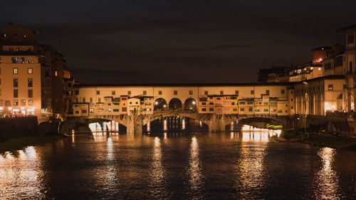 Illuminated bridge over river by buildings against sky at night