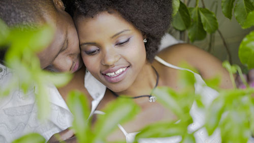 High angle view of smiling young woman