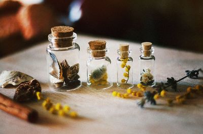 Close-up of bottles on table