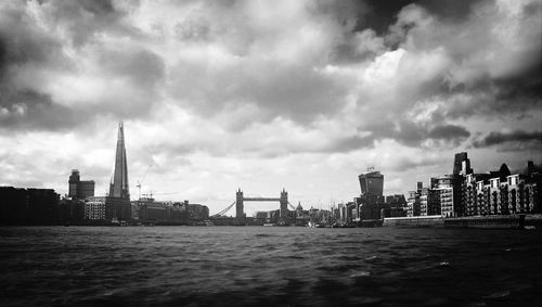 River with buildings in background against cloudy sky