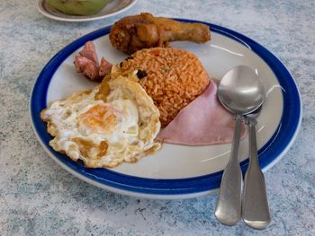 High angle view of breakfast served on table