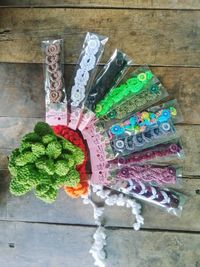 High angle view of candies on table