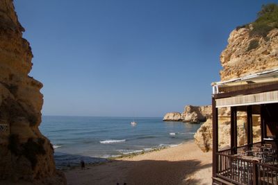 Scenic view of sea against clear blue sky