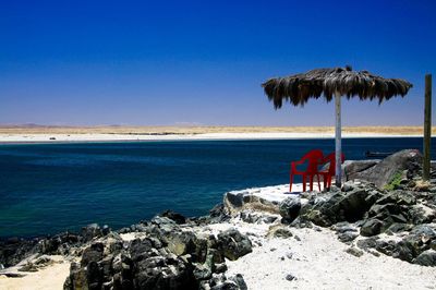 Scenic view of sea against clear blue sky