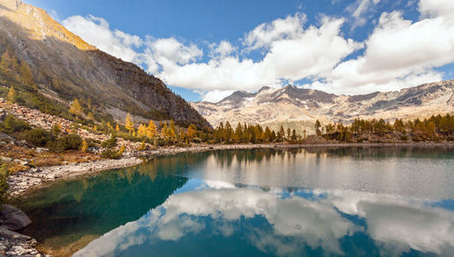 Scenic view of lake by mountains against sky