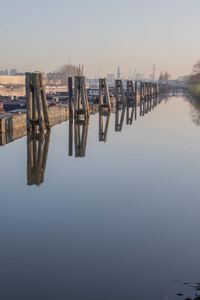 Wooden posts in marina against clear sky