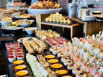 High angle view of various food on table at store