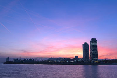 Sea and buildings against sky during sunset