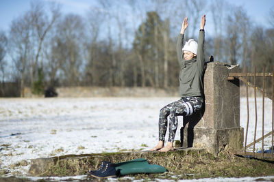 Yoga outdoor. happy woman doing yoga exercises. yoga meditation in nature. 