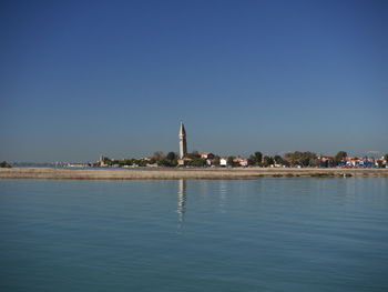 View of buildings against clear blue sky