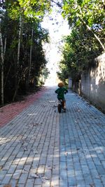 Rear view of man walking on cobblestone