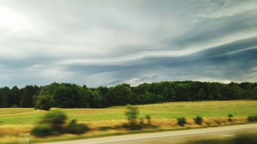 Scenic view of road by trees against sky