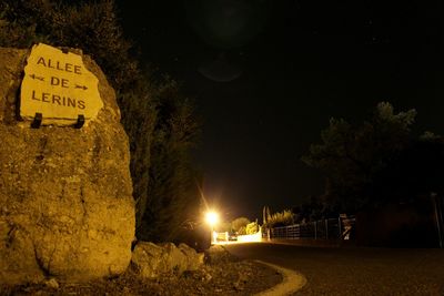 Road along trees at night